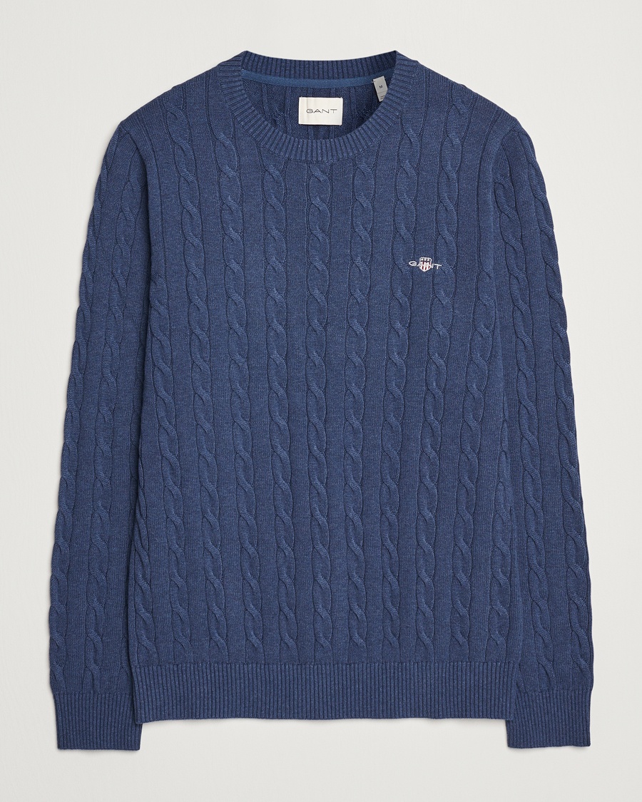 Herr | GANT | GANT Cotton Cable Crew Neck Dark Jeans Blue Melange