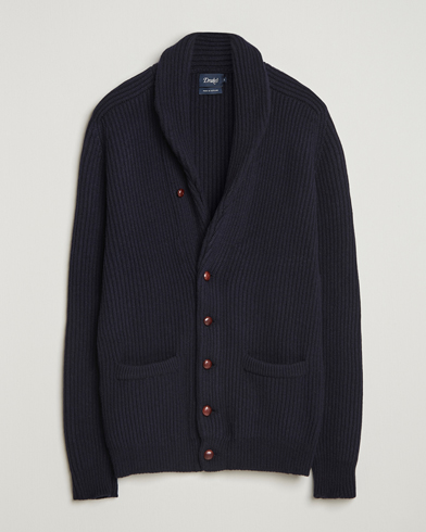 Drake's Lambswool Shawl Collar Rib Cardigan Navy – Blå