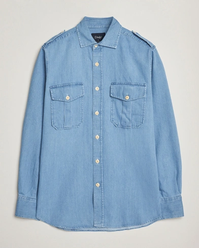 Drake's Denim Epaulette Shirt Blue – Blå