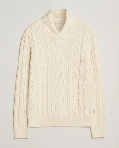 GANT Cable Shawl Collar Knitted Sweater Cream – Vit