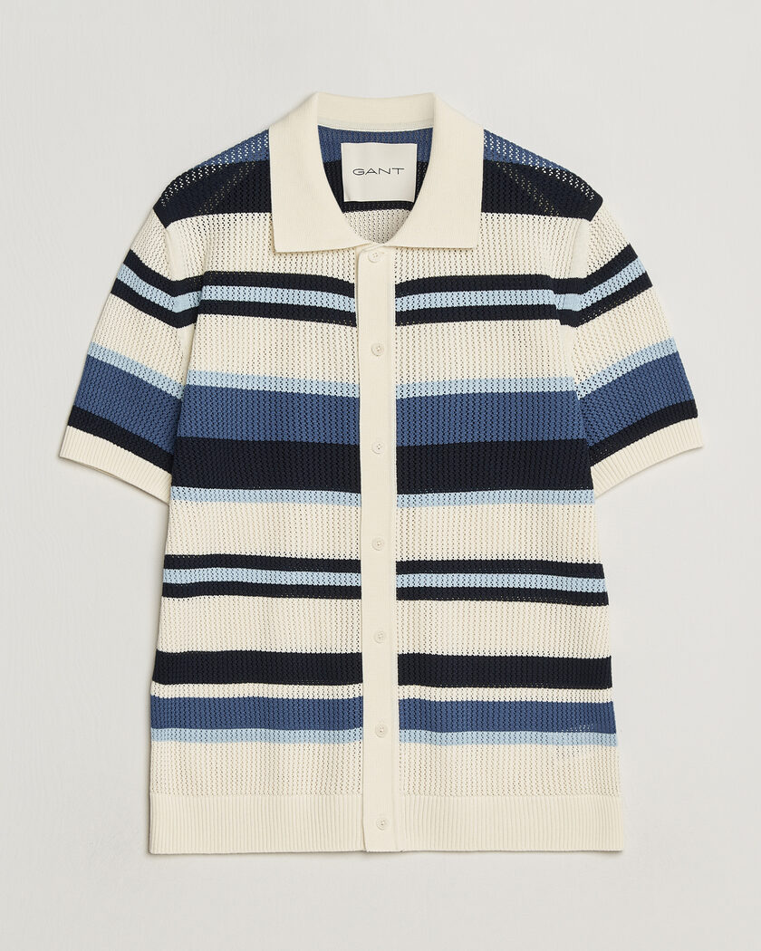 Gant Striped Knitted Short Sleeve Shirt Vintage Blue – Blå