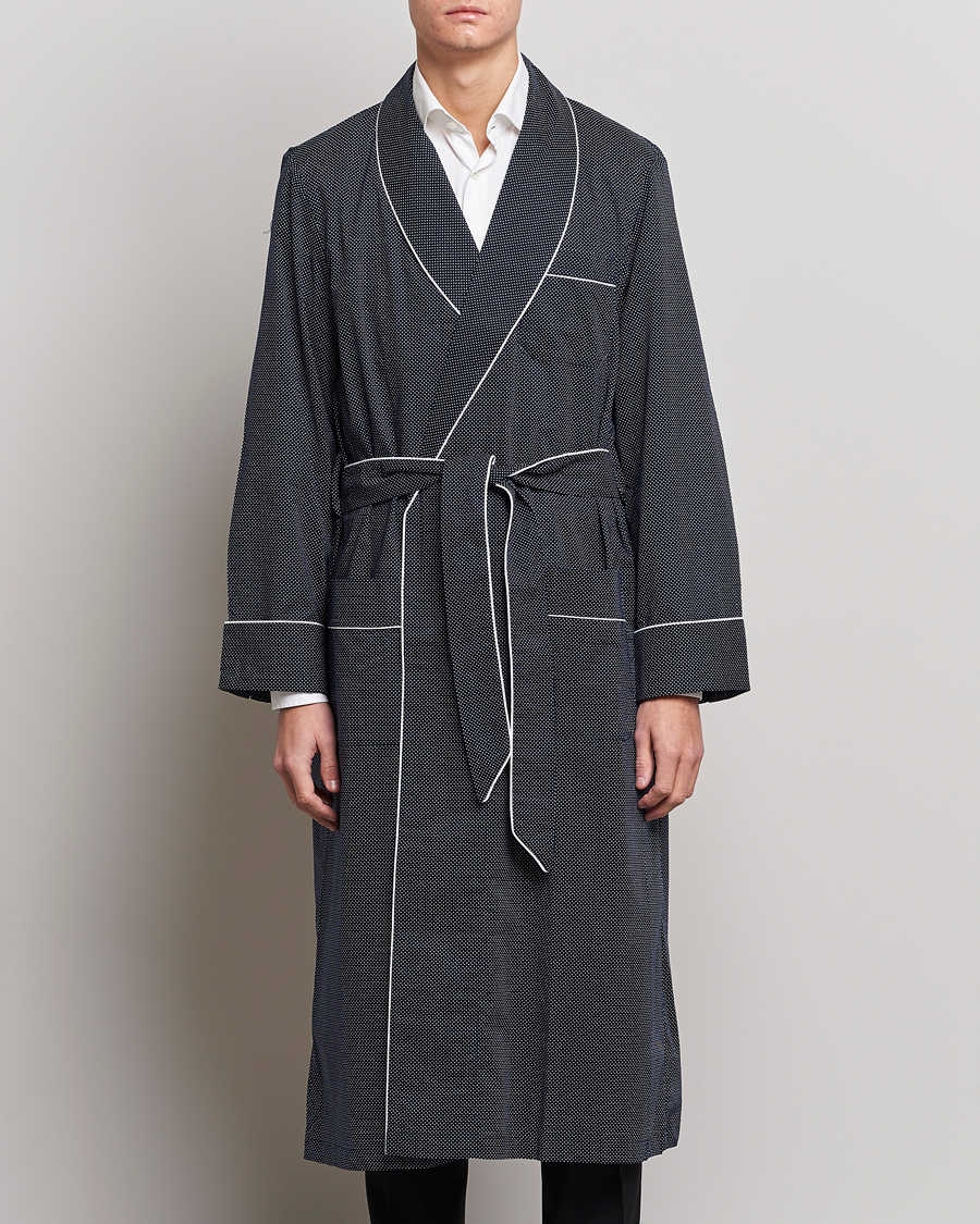 Herr | Morgonrockar | Derek Rose | Polka Dot Cotton Satin Dressing Gown Navy