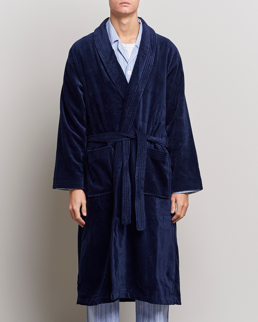 Herr | Morgonrockar | Derek Rose | Cotton Velour Gown Navy