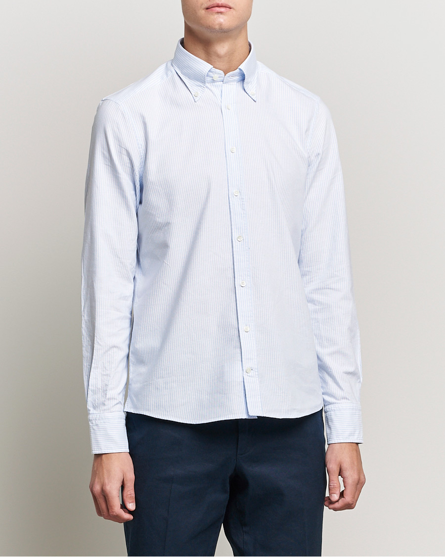 Herr | Stenströms | Stenströms | Slimline Washed Striped Oxford Shirt Light Blue