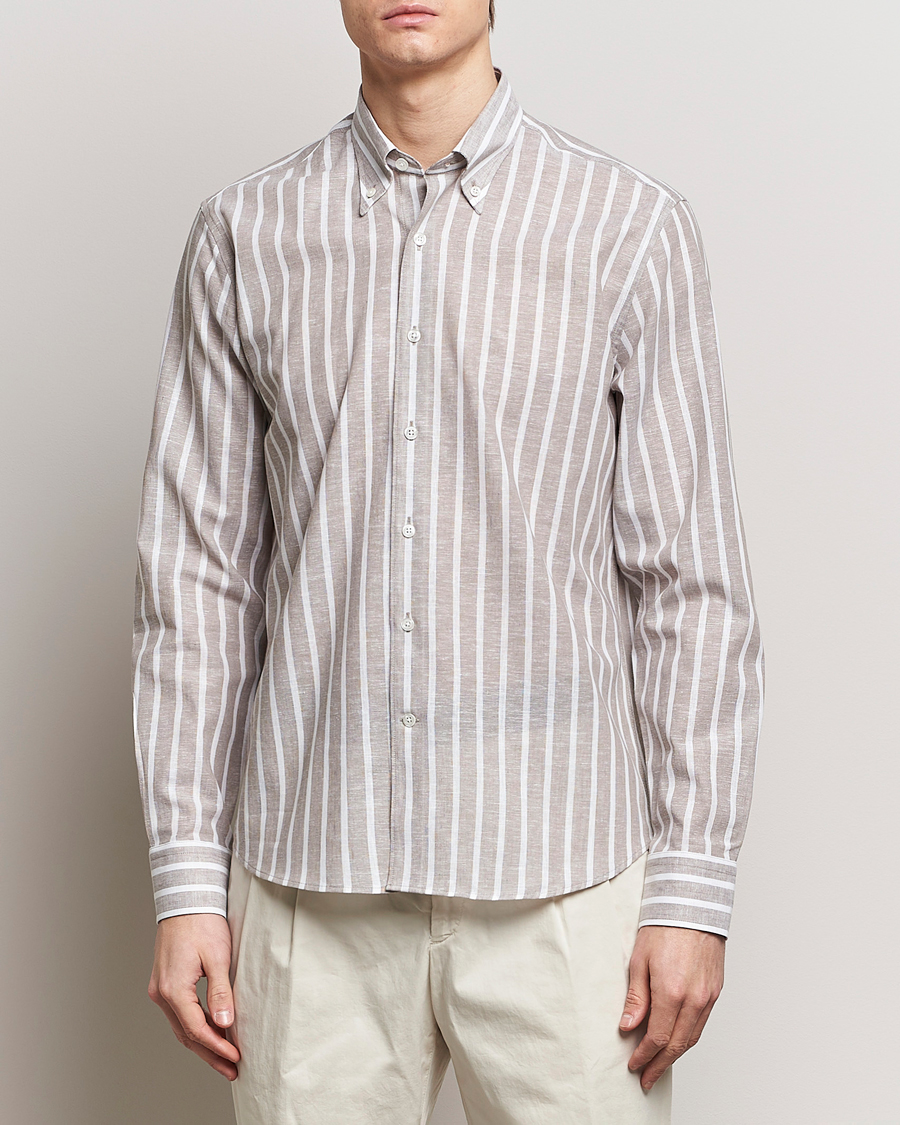 Herr | Kläder | Oscar Jacobson | Regular Fit Striped Linen Shirt Brown