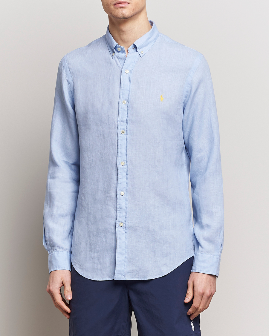 Herr | Lojalitetserbjudande | Polo Ralph Lauren | Slim Fit Linen Button Down Shirt Blue Hyacinth