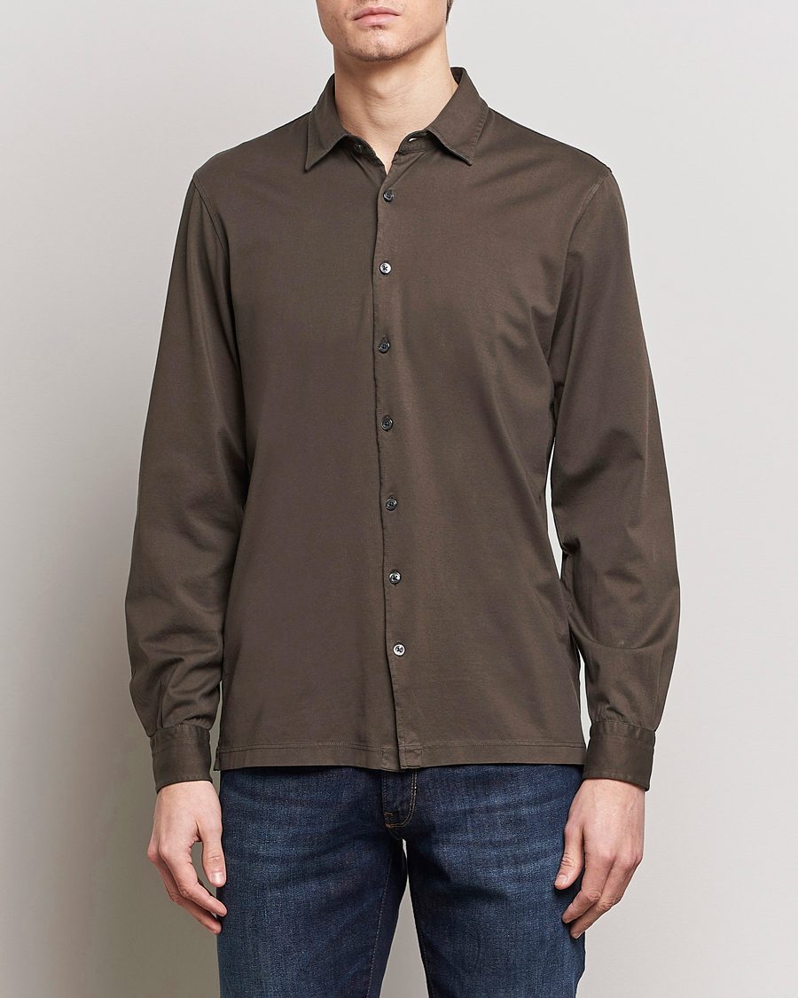 Herr | Casualskjortor | Gran Sasso | Washed Cotton Jersey Shirt Dark Brown