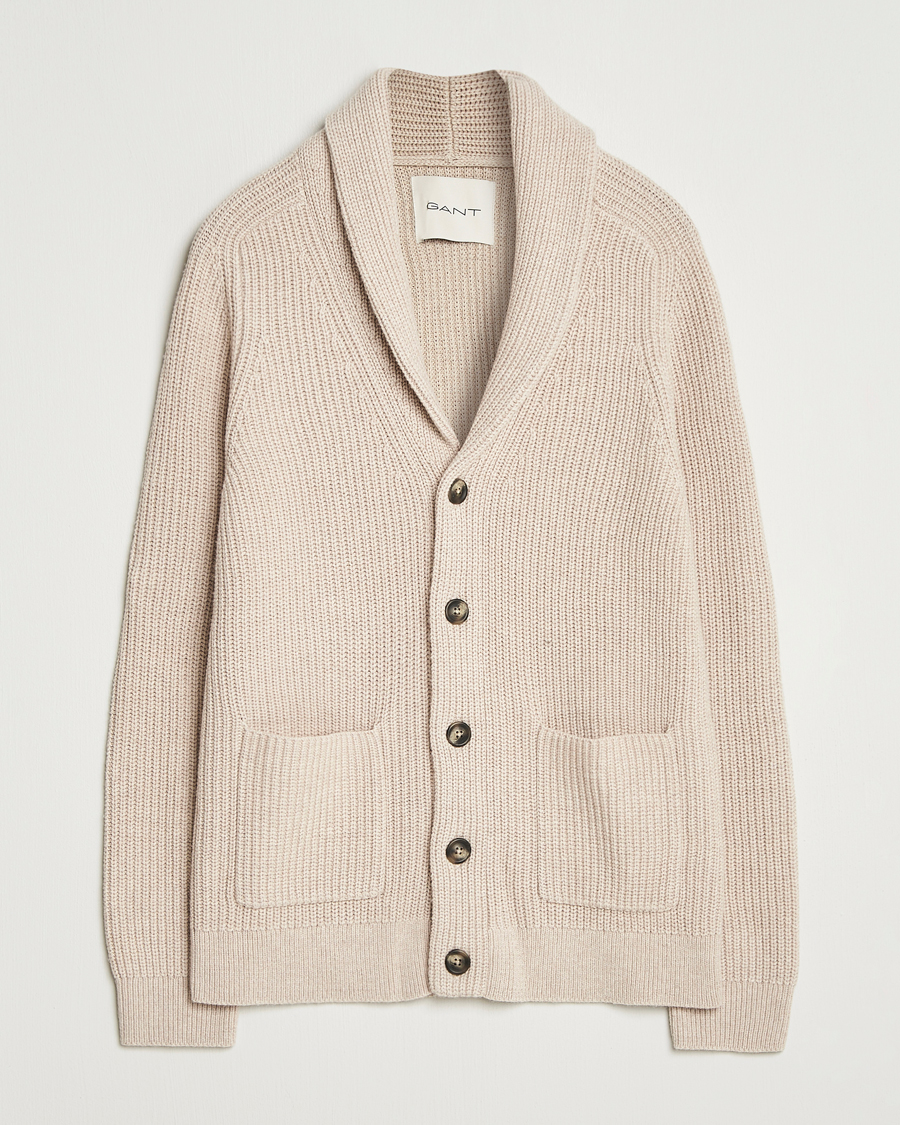 Herr | Tröjor | GANT | Wool Knitted Shawl Collar Cardigan Light Beige Melange