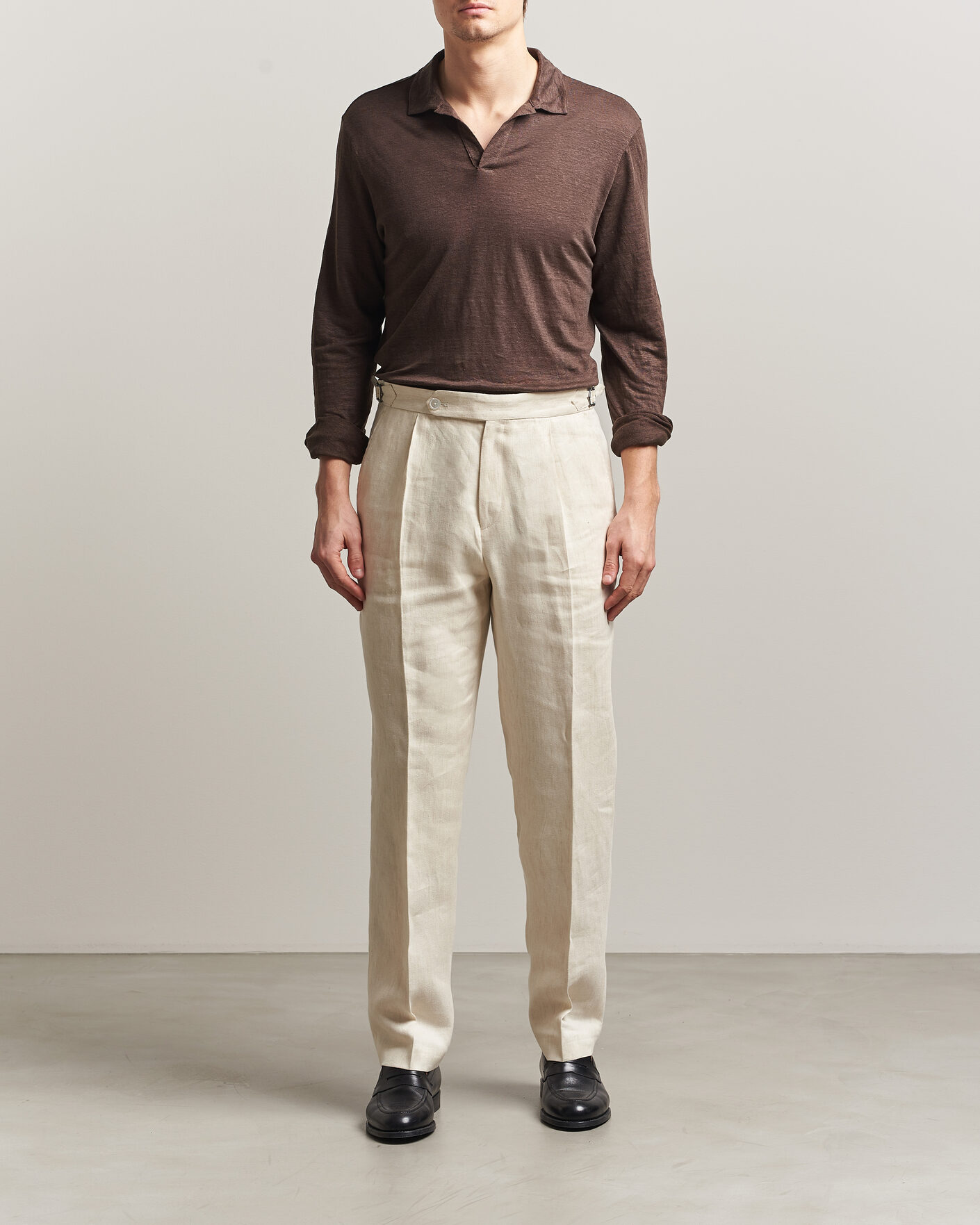 Herr | Pikéer | Gran Sasso | Washed Linen Long Sleeve Polo Brown Melange