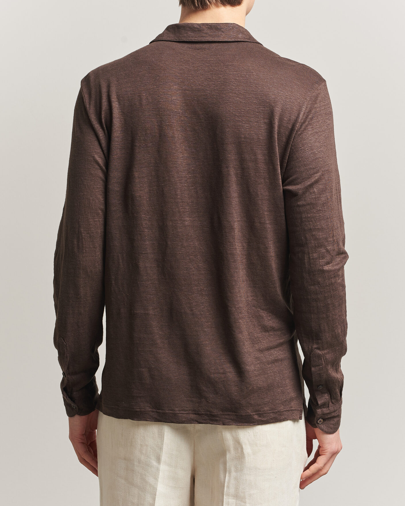 Herr | Pikéer | Gran Sasso | Washed Linen Long Sleeve Polo Brown Melange