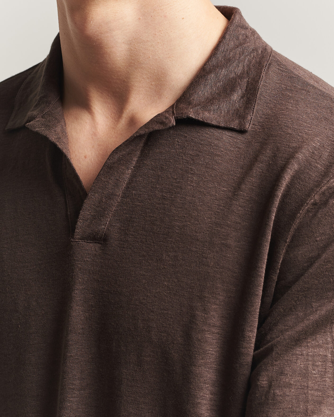 Herr | Pikéer | Gran Sasso | Washed Linen Long Sleeve Polo Brown Melange