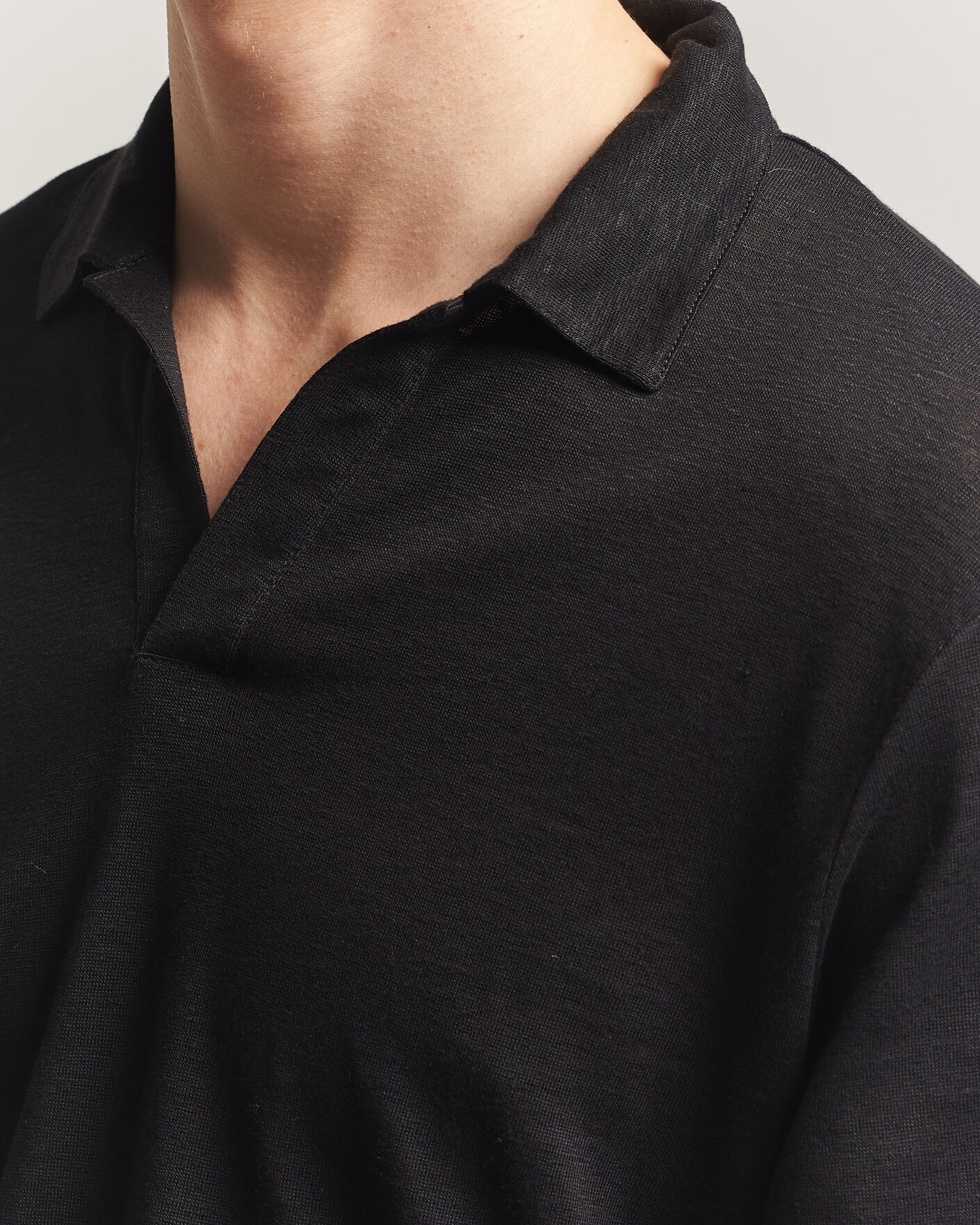 Herr | Pikéer | Gran Sasso | Washed Linen Long Sleeve Polo Black