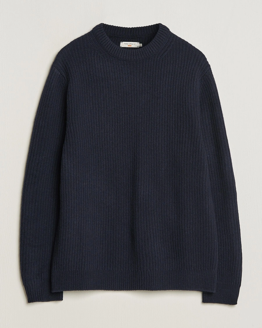 Nudie Jeans August Wool Rib Knitted Sweater Navy – Blå