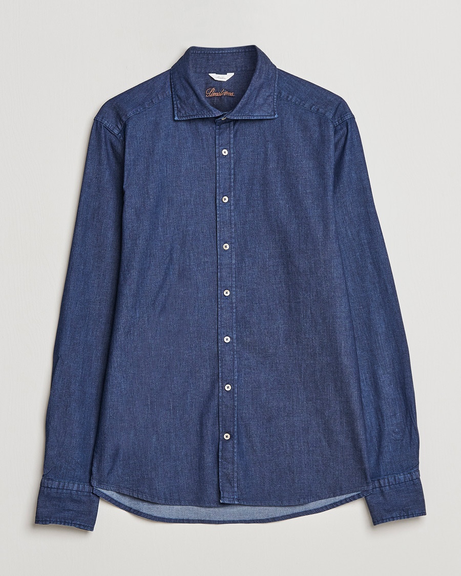 Herr | Skjortor | Stenströms | Slimline Garment Washed Shirt Dark Denim