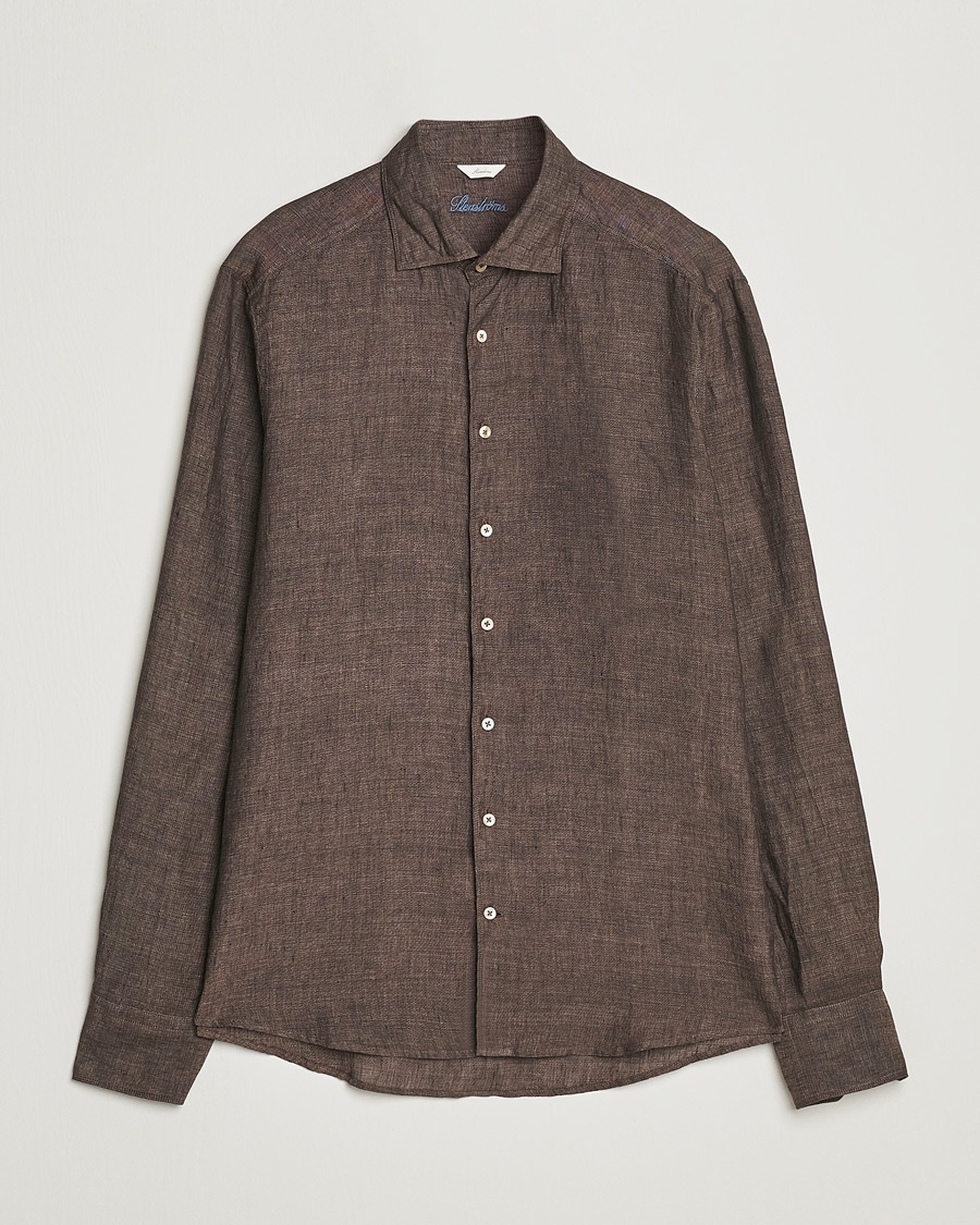 Herr | Skjortor | Stenströms | Slimline Cut Away Linen Shirt Dark Brown