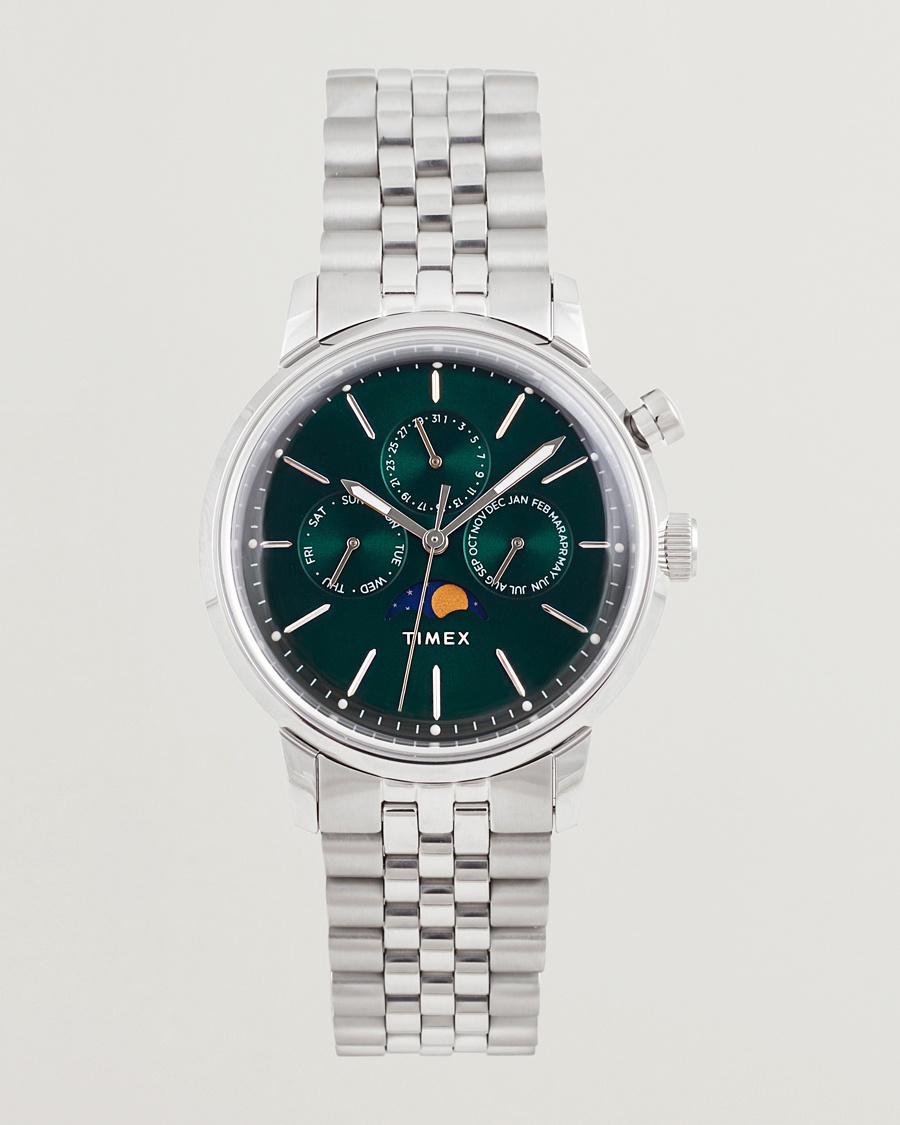 Herr | Stållänk | Timex | Marlin Moon Phase Quartz Steel 40mm Green Dial