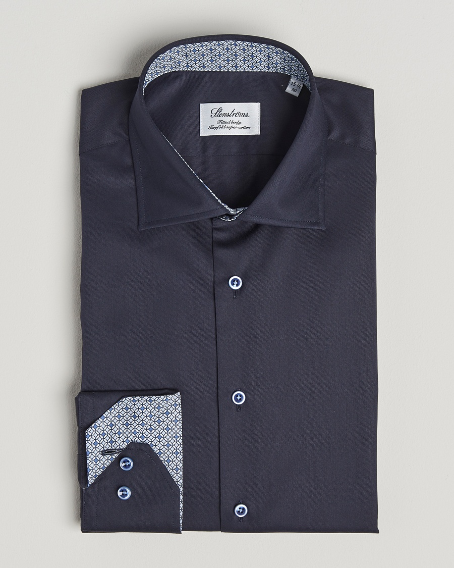 Herr |  | Stenströms | Fitted Body Contrast Cotton Twill Shirt Navy