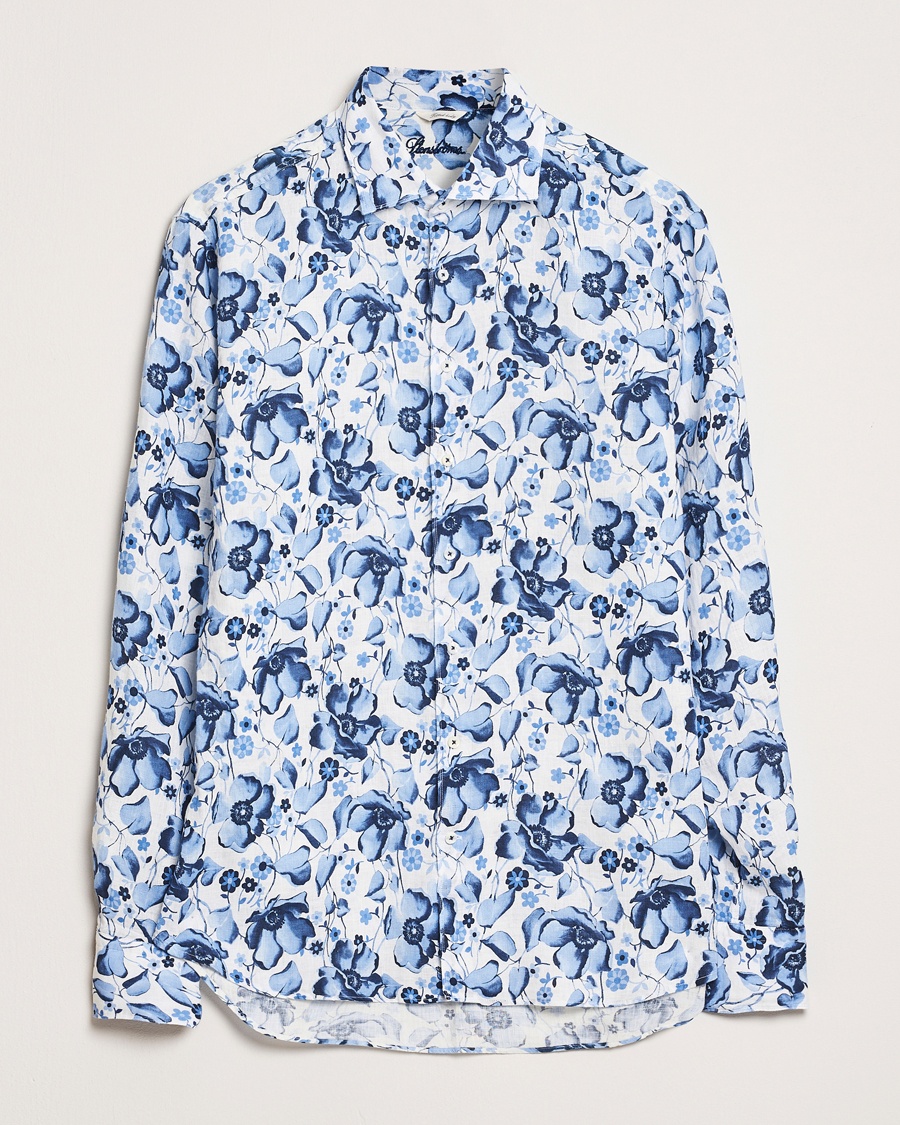 Herr | Skjortor | Stenströms | Fitted Body Flower Printed Linen Shirt Blue
