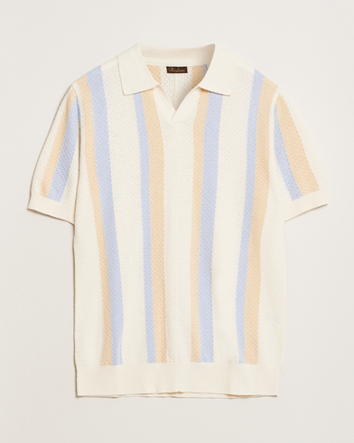  Knitted Textured Striped Cotton/Hemp Polo Off White