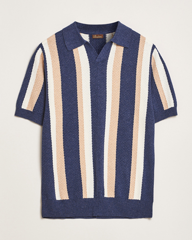  Knitted Textured Striped Cotton/Hemp Polo Dark Blue