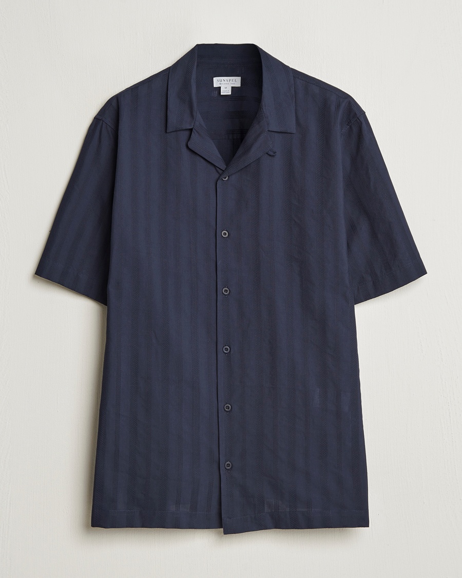 Herr | Skjortor | Sunspel | Embroidered Cotton Camp Shirt Navy