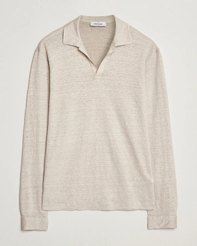  Washed Linen Long Sleeve Polo Beige Melange