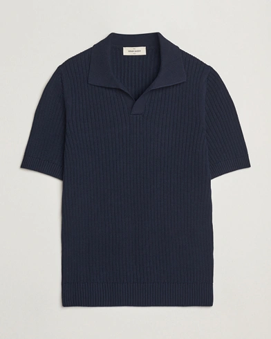  Cotton Heavy Knitted Open Collar Polo Navy