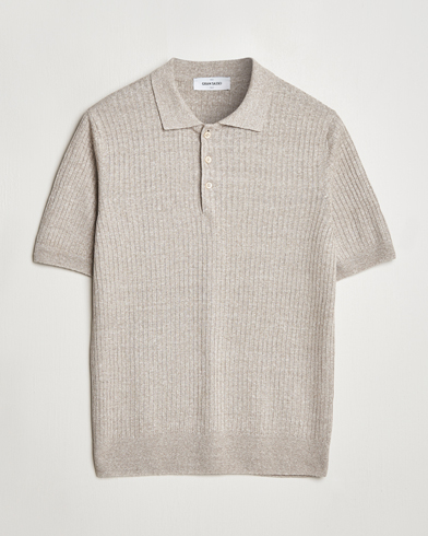  Linen/Cotton Structured Knitted Polo Beige Melange