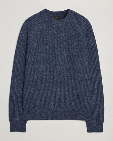 BOSS ORANGE Klacier Ribbed Wool Knitted Sweater Open Blue – Blå