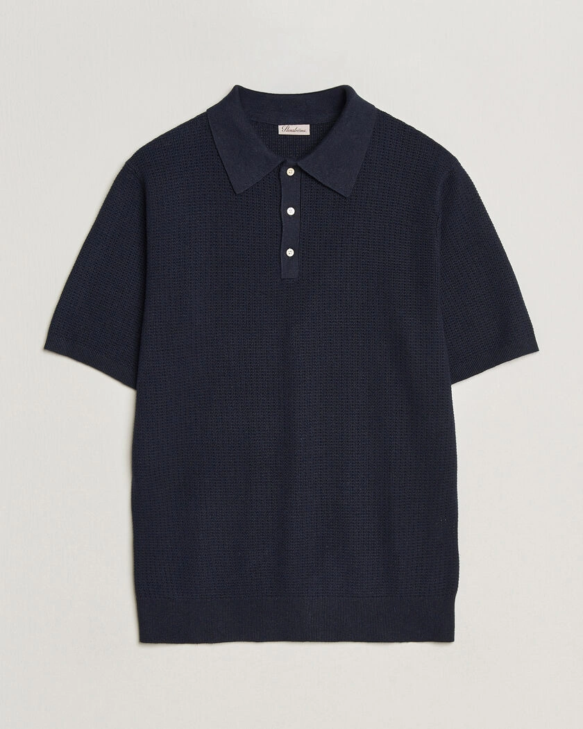 Stenströms Knitted Textured Cotton/Hemp Polo Navy – Blå
