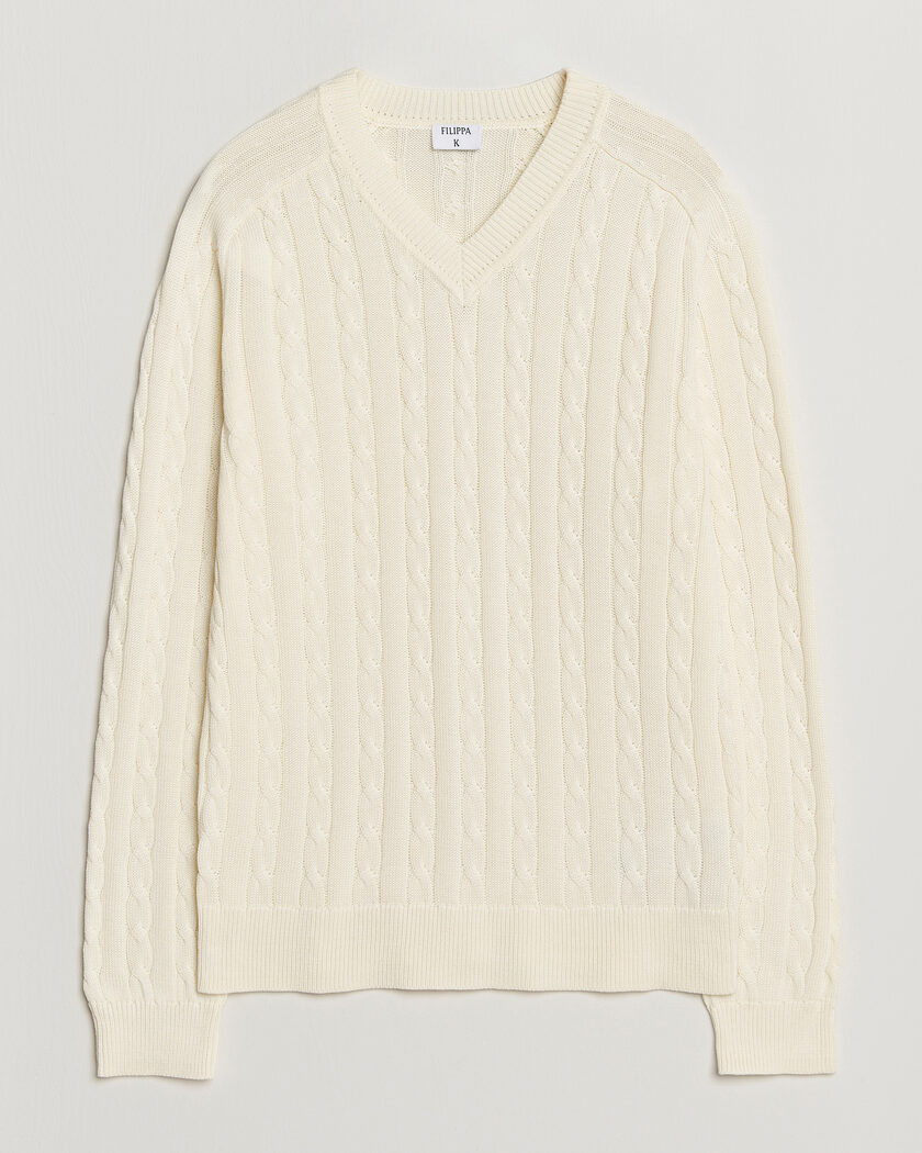 Filippa K Cotton Cable V-Neck Sweater Calico White – Vit