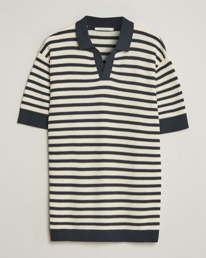 A Day's March Jeremy Striped Knitted Polo Off White/Navy – Flerfärgad