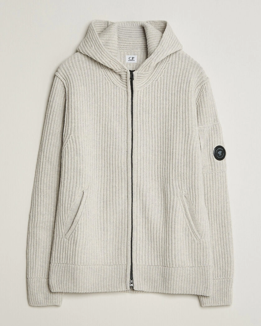 C.P. Company Heavy Lambswool Hood Zip Light Grey – Grå