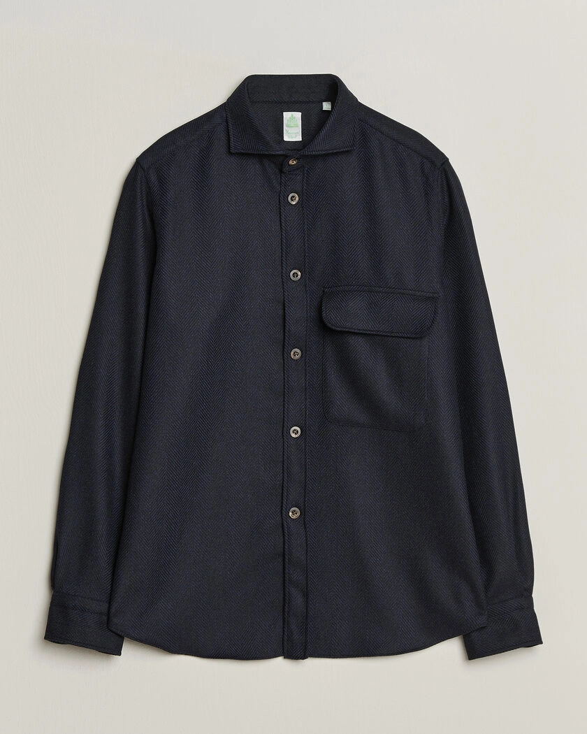 Finamore Napoli Wool Herringbone Overshirt Navy – Blå