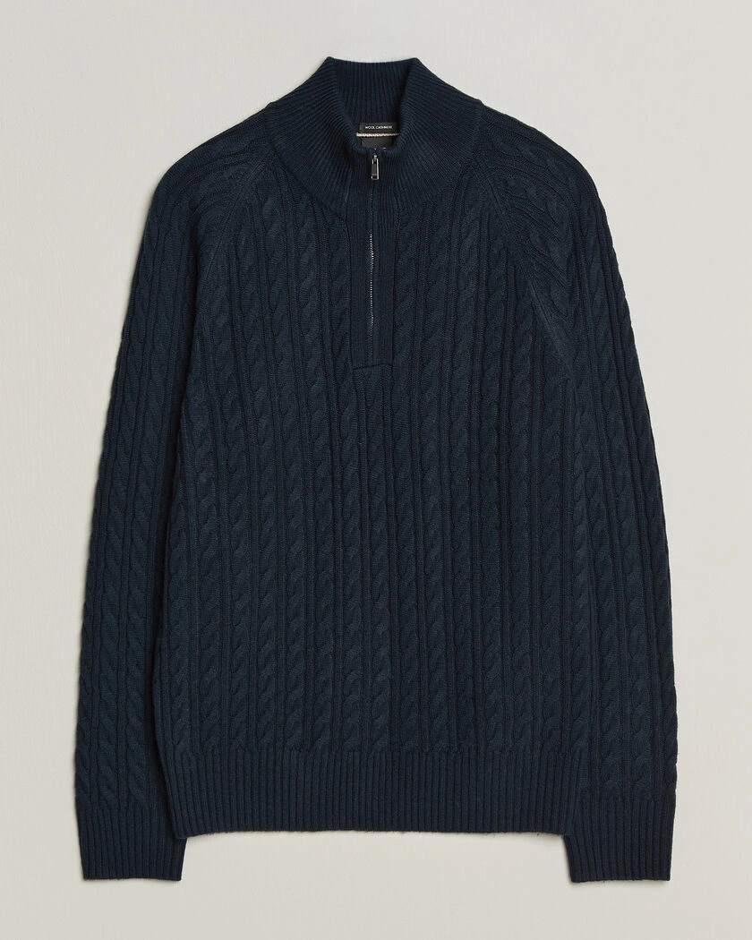 BOSS BLACK Furore Wool/Cashmere Cable Half Zip Dark Blue – Blå