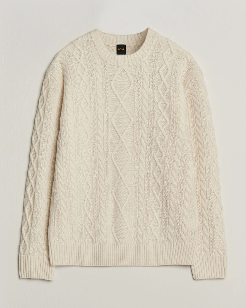 BOSS ORANGE Atreccio Wool Structured Knitted Sweater Open White – Vit