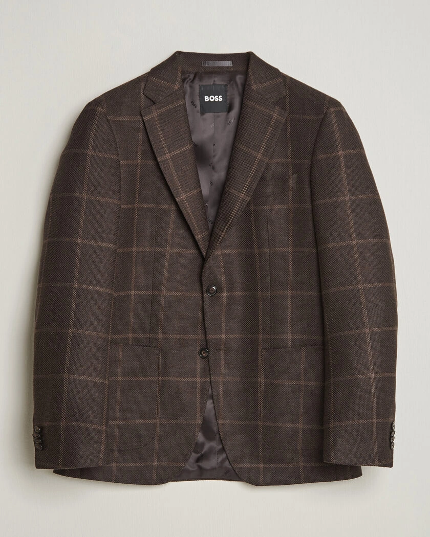 BOSS BLACK Hutson Checked Wool Blazer Dark Brown – Brun