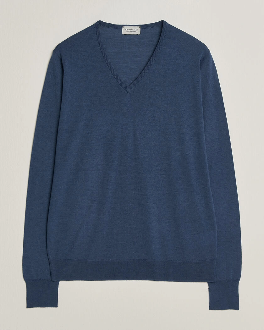 John Smedley Bobby Extra Fine Merino V-Neck Pullover Teal Firth – Blå