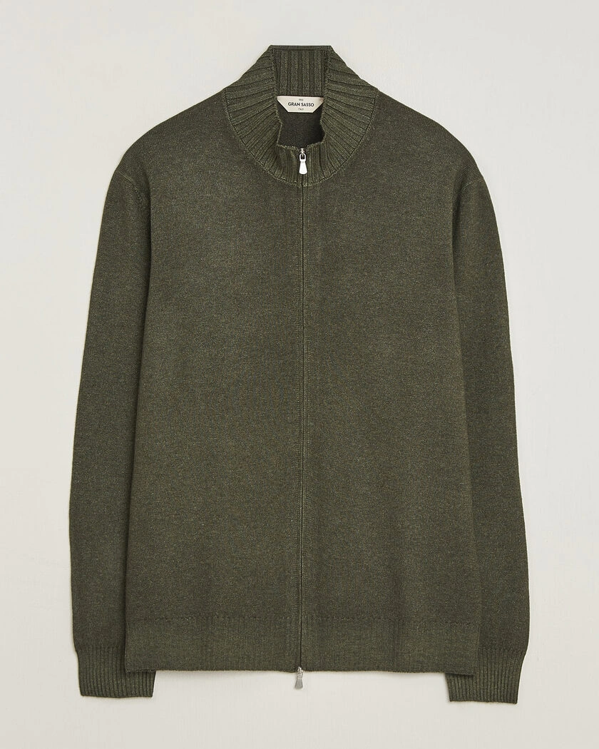 Gran Sasso Wool/Cashmere Washed Full Zip Olive Melange – Grön