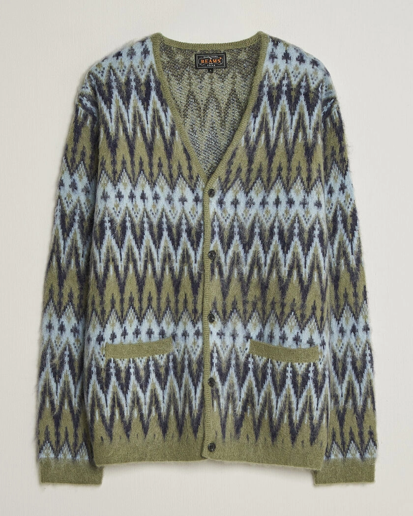 BEAMS PLUS Chevron Jacquard Cardigan Green/Grey – Grå
