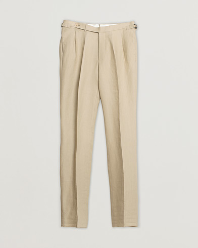 Beams F Pleated Linen Trousers Beige