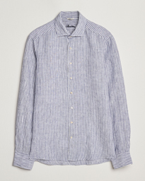  Slimline Cut Away Striped Linen Shirt Dark Blue