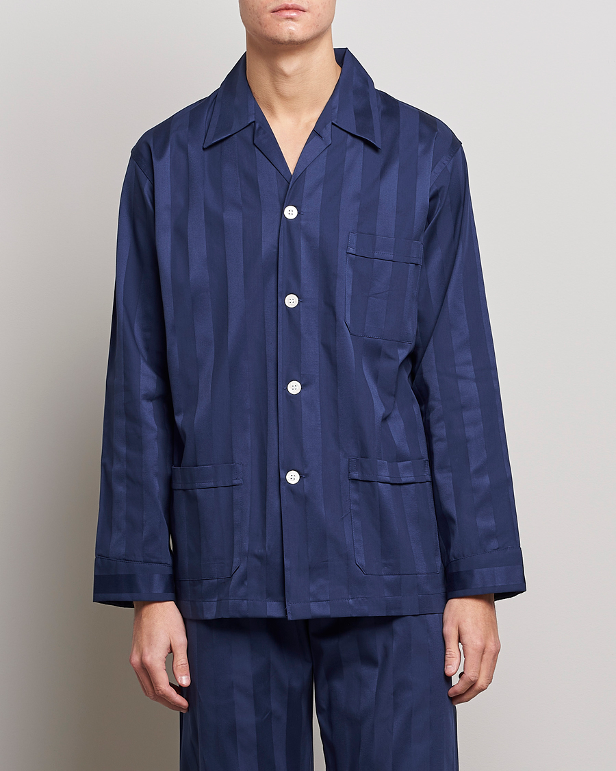 Herr | Loungewear | Derek Rose | Striped Cotton Satin Pyjama Set Navy
