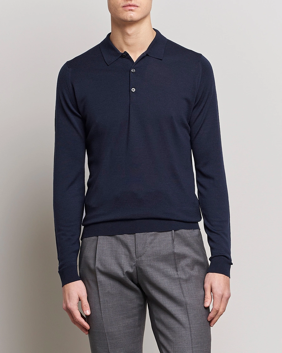 Herr | Stickade pikéer | John Smedley | Belper Extra Fine Merino Polo Pullover Midnight