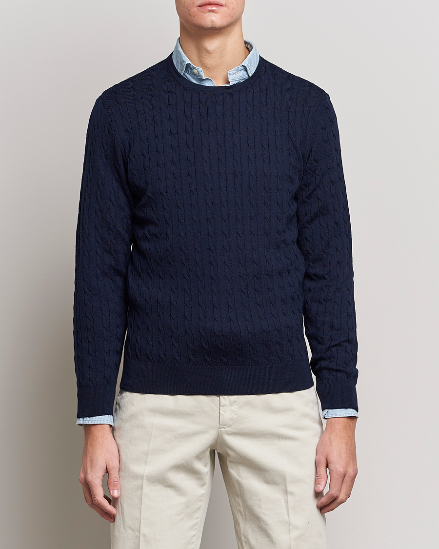 Herr | Stickade tröjor | Stenströms | Merino Cable Crew Neck Navy