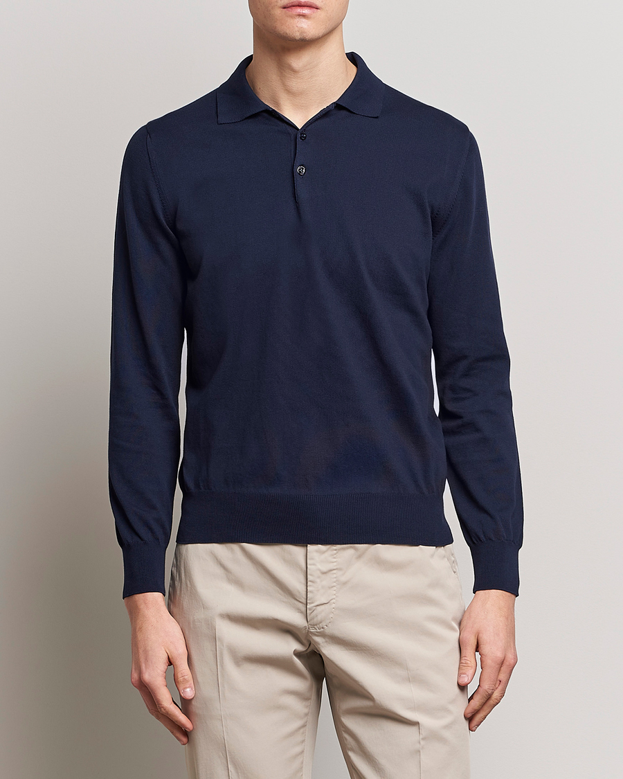 Herr | Kläder | Canali | Cotton Long Sleeve Polo Navy