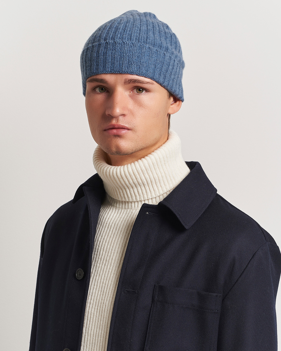 Herr |  | Amanda Christensen | Rib Knitted Cashmere Cap Blue Melange