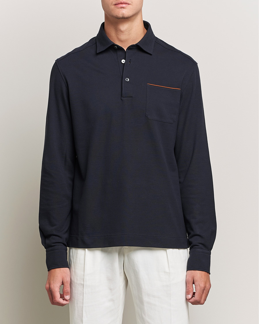 Herr |  | Zegna | Long Sleeve Cotton Piquet Polo Navy