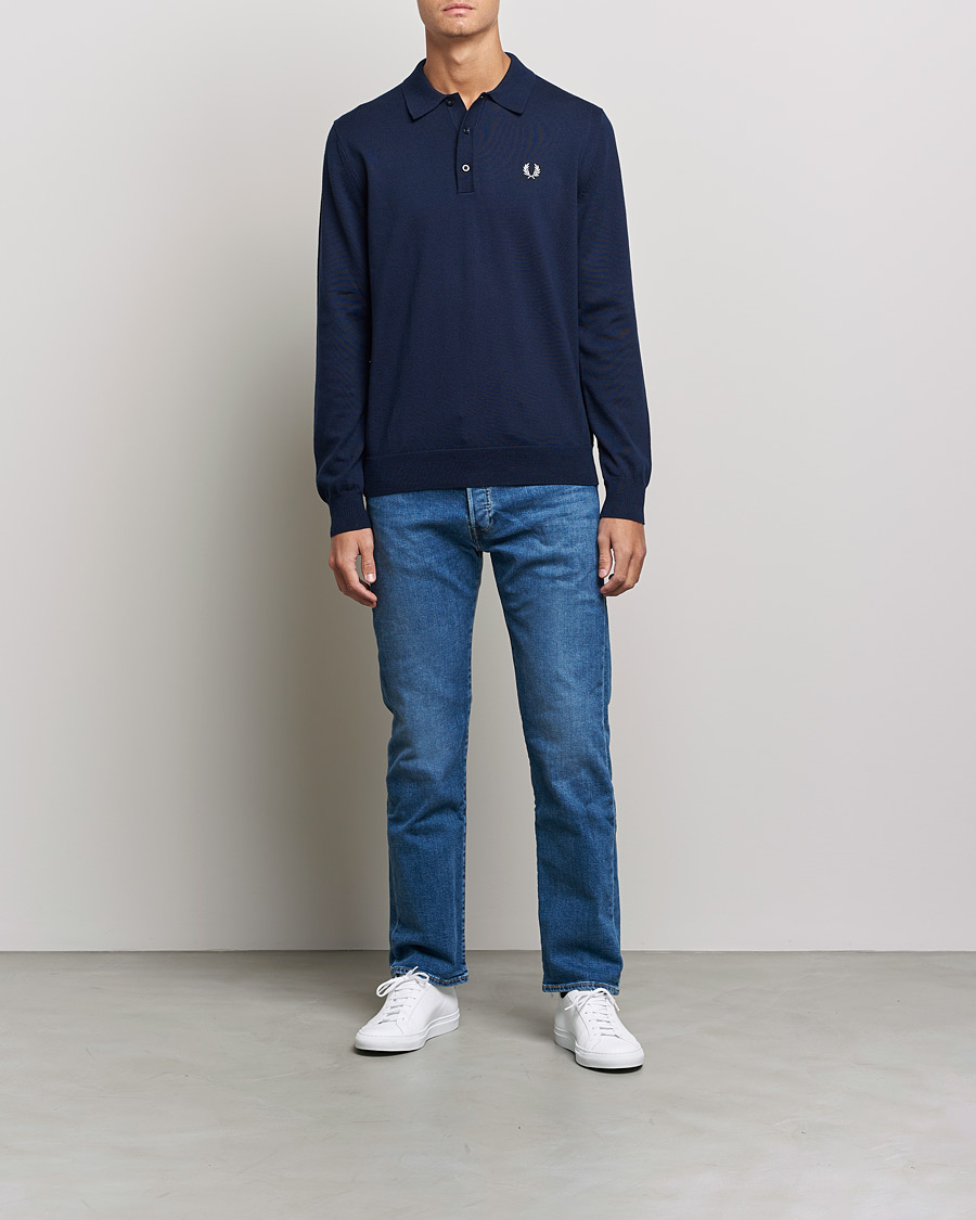 Fred Perry Long Sleeve Knitted Shirt Navy | Herr - Care Of Carl