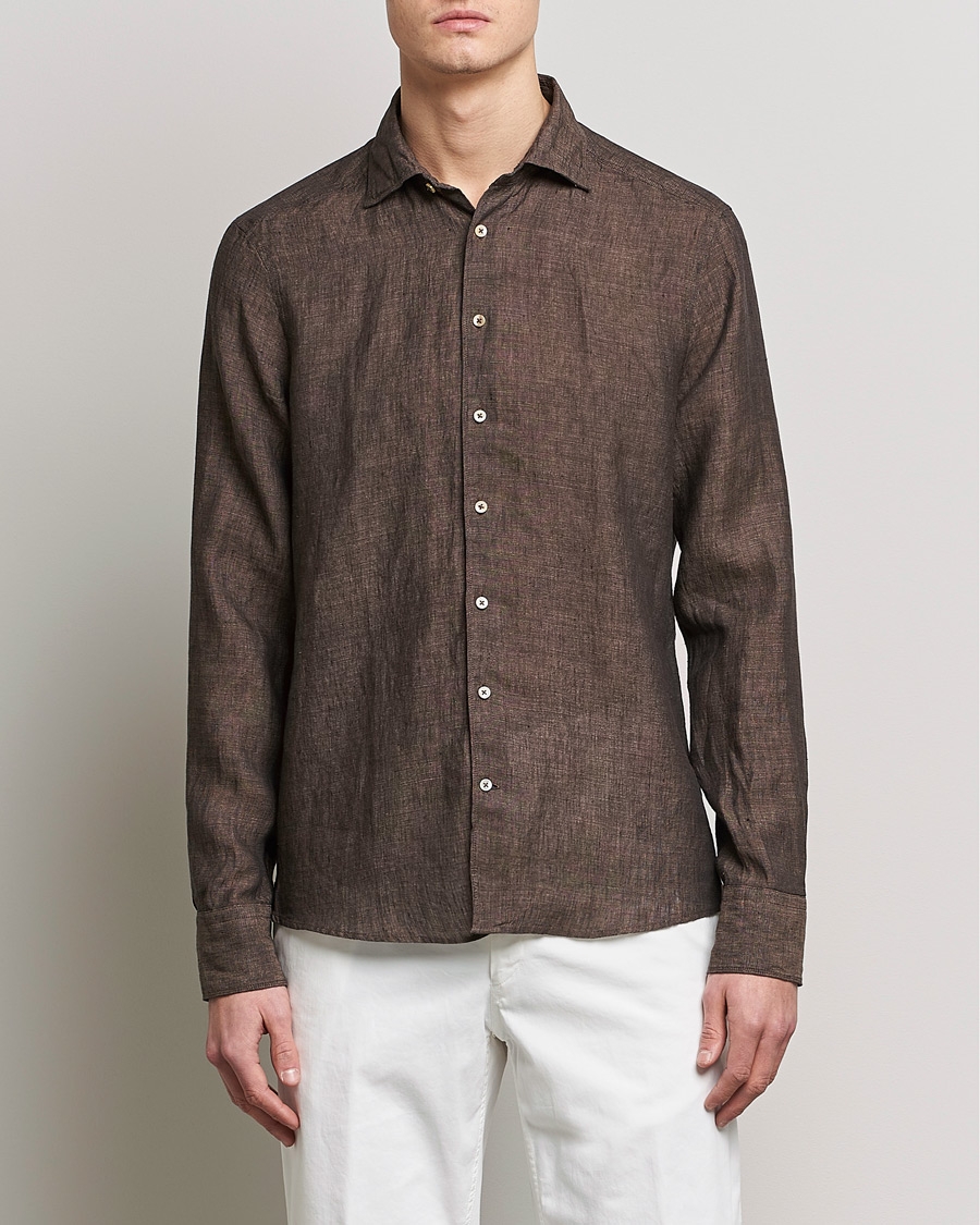 Herr | Udda kavaj | Stenströms | Slimline Cut Away Linen Shirt Dark Brown